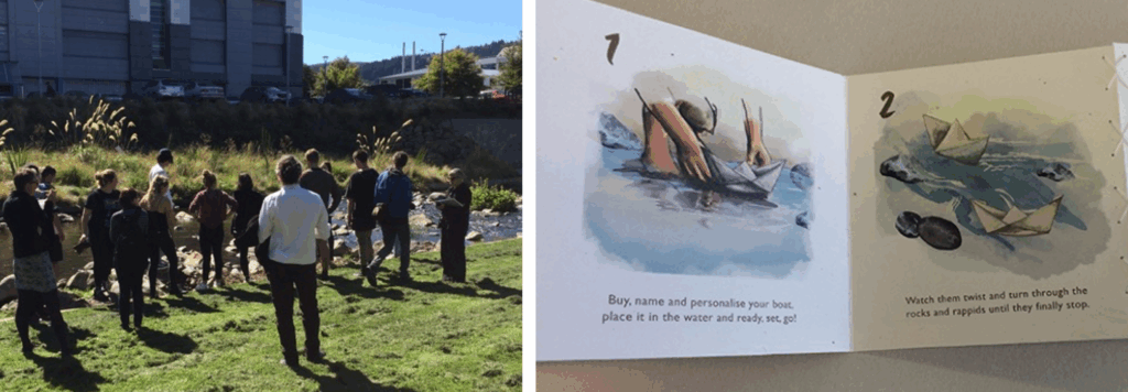 Images: Students gather around the Owheo  river to prototype a paper boat race